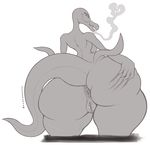  anthro anus big_butt butt darkmagician1212 female greyscale hi_res huge_butt looking_back monochrome nintendo nude overweight pok&eacute;mon pussy salazzle smile smoke solo standing thick_thighs video_games wide_hips 
