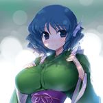  backlighting bangs blue_eyes blue_hair blush breasts closed_mouth ebizome eyebrows_visible_through_hair hands_on_own_chest head_fins large_breasts long_sleeves looking_at_viewer mermaid monster_girl obi sash short_hair signature smile solo touhou upper_body wakasagihime 