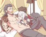  1girl aranea_highwind armor bad_id bad_tumblr_id bdsm bed bedroom blush bondage bound femdom final_fantasy final_fantasy_xv gagged gladiolus_amicitia gloves handjob hetero mr-poritan penis smile tattoo white_hair 