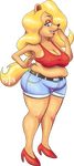  alpha_channel bandicoot big_breasts blonde_hair blue_eyes breasts cleavage clothed clothing crash_bandicoot_(series) crop_top female footwear hair hi_res high_heels long_hair mammal marsupial noctoon shirt shoes shorts signature simple_background slightly_chubby solo standing tawna_bandicoot transparent_background video_games 