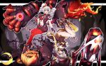  2girls :d absurdres asymmetrical_gloves bare_shoulders bing_gang black_gloves black_jacket bronya_zaychik bronya_zaychik_(candy_demon) bronya_zaychik_(nightfall_witch) bronya_zaychik_(snowy_sniper) bronya_zaychik_(yamabuki_armor) closed_mouth demon_tail demon_wings drill_hair dual_persona fire full_body gloves grey_eyes grey_hair hair_between_eyes hair_ornament halloween halloween_costume hat highres homu_(honkai_impact) honkai_(series) honkai_impact_3rd jacket leggings looking_at_viewer mismatched_gloves moon multiple_girls navel open_mouth pants project_bunny pumpkin red_pants short_sleeves single_thighhigh sleeveless smile tail thighhighs twin_drills wings witch_hat yellow_gloves yellow_thighhighs 