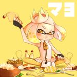  absurdres blush curry domino_mask egg fingerless_gloves food french_fries gloves hamburger highres hime_(splatoon) looking_at_viewer mask mayonnaise mole mole_under_mouth omelet pantyhose plate pout rice simple_background sitting sparkle splatoon_(series) splatoon_2 spoon suika_(blueberry998) tentacle_hair text_focus toast translated white_hair yellow_background yellow_eyes 