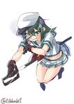  bangs blue_legwear brown_gloves ebifurya eyebrows_visible_through_hair eyepatch full_body gloves glowing glowing_eye green_hair grin hair_between_eyes hat heterochromia highres holding holding_sword holding_weapon kantai_collection kiso_(kantai_collection) knees_together_feet_apart looking_at_viewer midriff miniskirt neckerchief no_shoes pleated_skirt scabbard scar scar_across_eye school_uniform serafuku sheath short_hair short_sleeves simple_background skirt smile solo sparkle sword thigh_gap twitter_username unsheathing weapon white_background 