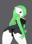  2016 bra breasts butt clothed clothing female gardevoir green_hair grey_background hair hair_over_eye hi_res humanoid lingerie looking_at_viewer nintendo nipples panties pinkcappachino pok&eacute;mon rear_view red_eyes simple_background solo standing underwear video_games white_skin 