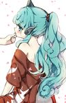  animal_ears aqua_eyes aqua_hair back bare_shoulders blush cherry_blossoms chin_stroking commentary curly_hair finger_in_another's_mouth horn kariyushi_shirt komano_aun long_hair off_shoulder open_mouth petals piyokichi ponytail solo touhou 