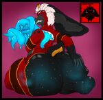 absorption_vore bulge_grab butt butt_focus cherryterror extra_mouth glowing glowing_body glowing_insides glowing_tongue goo_(disambiguation) goo_creature hi_res jack_the_mimic lagomorph long_tongue male mammal mimic sharp_teeth size_difference slime smaller_male smile smiling_at_viewer teeth tendrils tongue vore vore_bulge vore_tether