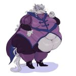 anthro belly big_belly big_butt butt canid canine canis cape claws clothed clothing exposed_belly fancy_clothing fat_rolls footwear frilly fur grey_body grey_fur grey_hair hair hand_on_hip hi_res high_heels long_hair love_handles male mammal moobs navel obese obese_anthro obese_male overweight overweight_anthro overweight_male puffy_sleeves shoes smile smirk solo sparkles standing tail teeth thick_thighs vomits_(artist) wolf
