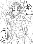  :d blush bow breasts closed_eyes cowboy_shot facing_viewer greyscale hair_bow holding hot jeno long_hair medium_breasts monochrome open_mouth reiuji_utsuho shirt short_sleeves skirt smile solo steam steaming_body sweat third_eye touhou translation_request wet wet_clothes wet_hair wet_shirt wet_skirt 