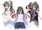  1girl 5oh5s2 :d alternate_costume bikini black_hair breasts carmine_(pokemon) character_print closed_mouth commentary cropped_shirt crossed_bangs eyelashes hair_between_eyes hairband highres long_hair mole mole_under_eye multicolored_hair multiple_views navel open_mouth pants pokemon pokemon_sv ponytail red_hair ribs shirt short_sleeves shorts smile swimsuit symbol-only_commentary t-shirt two-tone_hair umbreon white_shirt yellow_eyes yellow_hairband 