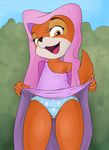  &lt;3 anthro areola canine clothing clothing_lift cub disney dress dress_lift female fox headdress maid_marian mammal mdgusty nipple_slip nipples nude open_mouth presenting robin_hood_(disney) simple_background solo standing tree underwear young 