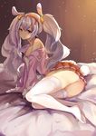  absurdres animal_ears arm_support ass azur_lane bangs brown_eyes brown_skirt bunny_ears bunny_tail closed_mouth commentary_request eyebrows_visible_through_hair grey_hair hair_between_eyes hair_ornament hairband half-closed_eyes highres jacket laffey_(azur_lane) long_hair looking_at_viewer lying md5_mismatch no_shoes on_side open_clothes open_jacket panties pantyshot pantyshot_(lying) pleated_skirt scarlet_dango sidelocks skirt solo strap_slip tail thighhighs thighs twintails underwear wavy_hair white_legwear white_panties 