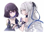  2girls asymmetrical_gloves black_gloves black_hair black_ribbon blue_eyes blue_gloves blue_hair blue_ribbon bronya_zaychik bronya_zaychik_(silverwing:_n-ex) colored_inner_hair commentary crossed_bangs drill_hair earrings gloves grey_eyes grey_hair hair_between_eyes hair_ribbon half_updo hashtag-only_commentary highres honkai_(series) honkai_impact_3rd jewelry long_hair mismatched_gloves multicolored_hair multiple_girls pink_pupils ribbon rinna_(xxrinna) seele_vollerei short_hair signature single_glove smile two-tone_hair 