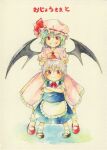  2girls aged_down apron ascot back_bow bat_wings black_shoes blue_hair blue_skirt blue_vest blush bow bowtie braid child collared_shirt commentary_request crossed_arms frilled_shirt_collar frills green_bow grey_hair grin hat hat_ribbon hijiki_(hijiri_st) izayoi_sakuya looking_at_viewer maid maid_headdress mary_janes mob_cap multiple_girls pink_hat pink_shirt pink_skirt red_ascot red_bow red_bowtie red_eyes red_shoes remilia_scarlet ribbon shirt shoes short_sleeves skirt smile socks sweatdrop touhou translation_request twin_braids vest waist_apron white_apron white_bow white_shirt white_socks wings 