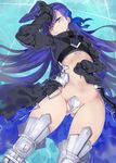  arm_up armor armored_boots ass_visible_through_thighs asymmetrical_bangs bangs black_coat blue_eyes blue_ribbon boots commentary_request crotch_plate fate/extra fate/extra_ccc fate_(series) hair_ribbon hareno_chiame juliet_sleeves long_hair long_sleeves looking_at_viewer lying meltlilith navel on_back parted_lips partially_submerged puffy_sleeves purple_hair revealing_clothes ribbon sleeves_past_wrists solo thighhighs thighs very_long_hair 