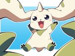  anthro bandai_namco blush blush_lines digimon digimon_(species) fur fur_markings glistening glistening_eyes gloves_(marking) happy horn long_ears male markings multicolored_body multicolored_fur open_mouth simple_background smile solo terriermon tongue white_body white_fur yuzuaccident 