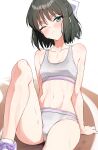  1girl absurdres black_hair blush breasts commission green_eyes grey_panties grey_sports_bra hair_ribbon highres isocha knee_up kohinata_miku looking_at_viewer navel one_eye_closed open_mouth panties pixiv_commission ribbon running_track senki_zesshou_symphogear shoes short_hair simple_background sitting small_breasts sneakers solo sports_bra sports_panties stomach sweat underwear white_background white_ribbon 