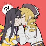  !? 2girls akemi_homura akemi_homura_(magical_girl) beret black_hair black_hairband blonde_hair bound detached_sleeves face-to-face hairband hat kiss long_hair magical_girl mahou_shoujo_madoka_magica multiple_girls red_background ribbon sleeveless sqkloal4aju57ow tied_up_(nonsexual) tomoe_mami tomoe_mami_(magical_girl) twintails yellow_ribbon yuri 