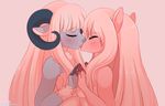  2017 anthro blush breasts caprine cervine deer duo eyes_closed female female/female hair hi_res horn kissing long_hair mammal momomistress pink_background romantic_couple sheep side_boob simple_background 