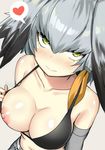  absurdres arm_at_side bare_shoulders bikini_pull bikini_top black_bikini_top black_gloves black_hair blush breasts cleavage closed_mouth collarbone detached_sleeves detexted fingerless_gloves gloves gradient_hair green_eyes grey_background hair_between_eyes heart highres kemono_friends large_breasts looking_at_viewer looking_up multicolored_hair navel nipples one_breast_out puffy_nipples pulled_by_self scan shiny shiny_hair shiny_skin shoebill_(kemono_friends) silver_hair simple_background sky_(freedom) smile solo speech_bubble spoken_heart stomach third-party_edit 