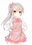  apron blush bow brown_eyes closed_mouth collared_shirt commentary cowboy_shot eyebrows_visible_through_hair frilled_apron frills grey_hair hair_between_eyes hair_bow hands_on_hips highres holding ladle long_hair long_sleeves looking_at_viewer ning_hai_(zhan_jian_shao_nyu) pink_apron pink_bow pink_skirt pleated_skirt pout shirt side_ponytail simple_background skirt solo standing tengxiang_lingnai white_background white_shirt zhan_jian_shao_nyu 