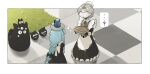  ... ...? 2girls 37_(reverse:1999) ? absurdres back_bow black_dress black_gloves blindfold blue_hair border bow bun_cover carbuncle_(reverse:1999) checkered_floor creature cup daku_k dress electric_kettle facing_another facing_away food from_above full_body gloves grass hair_bun highres holding holding_food joints kettle long_braid long_dress long_hair lucy_(reverse:1999) maid metal_hair multiple_girls object_on_head outside_border pi_(math) pie reverse:1999 robot_girl robot_joints speech_bubble spoken_ellipsis spoken_question_mark standing tray white_border white_bow 