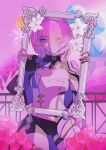  1girl ;) absurdres black_gloves black_shorts blue_eyes breasts chinese_commentary commentary_request corset elysia_(honkai_impact) elysia_(miss_pink_elf)_(honkai_impact) empty_picture_frame gloves highres holding holding_picture_frame honkai_(series) honkai_impact_3rd large_breasts long_hair looking_at_viewer one_eye_closed picture_frame pink_hair pink_sky short_shorts shorts shrug_(clothing) single_glove sky smile solo thighs thirteen white_corset 