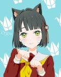  1girl absurdres animal_ears black_hair blue_background blunt_bangs bob_cut brown_dress cat_ears cat_girl closed_mouth commentary_request drawn_whiskers dress flower flower_knot green_eyes hair_flower hair_ornament hasu_no_sora_school_uniform highres kemonomimi_mode kujo_awenn link!_like!_love_live! looking_at_viewer love_live! momose_ginko neckerchief paw_pose sailor_collar sailor_dress school_uniform short_hair solo upper_body virtual_youtuber white_flower white_sailor_collar winter_uniform yellow_neckerchief 