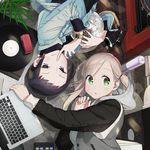  2girls after_hours black_hair blonde_hair can cellphone disco_ball earrings green_eyes headphones highres jewelry looking_at_viewer macbook multiple_girls official_art phone phonograph purple_eyes record soda_can turntable twintails 