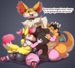absurd_res anal anthro arm_warmers armwear augury_(artist) augury_(character) balls big_balls big_butt big_penis braixen butt chi_(mischiefmaster) clothing collar delphox dialogue dragonite eye_roll eyeliner fellatio femboy generation_1_pokemon generation_6_pokemon genitals grey_(dgbraixen) group group_sex hair hi_res kiss_mark legwear lipstick long_hair makeup male male/male nintendo oral panties pawpads paws penile penis pokemon pokemon_(species) rimming sex stockings threesome trio underwear