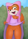  anthro areola canine clothing clothing_lift cub disney dress dress_lift female fox headdress maid_marian mammal mdgusty nipple_slip nipples nude open_mouth presenting presenting_pussy pussy robin_hood_(disney) simple_background solo standing tree young 