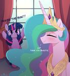  2017 blush dialogue duo english_text equine eyes_closed female feral friendship_is_magic hair hi_res horn long_hair mammal momomistress multicolored_hair my_little_pony open_mouth praise_the_sun princess_celestia_(mlp) purple_eyes smile text twilight_sparkle_(mlp) winged_unicorn wings 