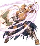  abs ahoge axe blonde_hair bracelet dark_skin dark_skinned_male facial_mark facial_tattoo feathers fire_emblem fire_emblem:_rekka_no_ken fire_emblem_heroes full_body gloves haccan hawkeye_(fire_emblem) highres holding holding_axe huge_weapon jewelry long_hair low_ponytail male_focus manly markings muscle necklace official_art open_mouth orange_eyes pectorals ponytail sandals serious shirtless solo tattoo teeth toeless_legwear toes transparent_background weapon 
