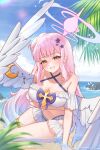  1girl absurdres alternate_costume angel_wings aqua_hair arm_up bikini blue_archive blush breasts cleavage crescent feathered_wings flower frilled_bikini frilled_bikini_bottom frilled_bikini_top frills gold_thighlet gradient_hair hair_bun hair_flower hair_ornament halo highres long_hair looking_at_viewer low_wings medium_breasts miden_(setoharu_kano) mika_(blue_archive) multicolored_hair navel open_mouth pink_hair pink_halo simple_background single_hair_bun single_side_bun smile stomach swimsuit thighs very_long_hair wet white_background white_bikini white_wings wing_ornament wings yellow_eyes 