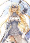  armor armored_dress blonde_hair blue_eyes chain fate/apocrypha fate_(series) faulds feathers flag fur_trim gauntlets halyou headpiece highres holding jeanne_d'arc_(fate) jeanne_d'arc_(fate)_(all) long_hair looking_at_viewer plackart smile solo thighhighs 