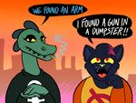  2017 alligator bea_(nitw) bratty_(undertale) cat catty_(undertale) cigarette clothed clothing crocodile crocodilian duo feline female mae_(nitw) mammal night_in_the_woods nitw reptile scalie simple_background smile undertale video_games 