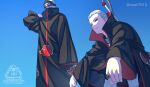  2boys akatsuki_uniform blue_background closed_mouth grey_hair hidan_(naruto) highres jewelry kakuzu_(naruto) long_sleeves male_focus mask mouth_mask multiple_boys naruto_(series) naruto_shippuuden ninja ninja_mask purple_eyes ring short_hair sssiii7610 watermark weapon weapon_on_back 