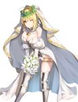  1girl ;) ahoge blacktheif blonde_hair boots bouquet breasts choker cleavage detached_sleeves fate/extra fate/extra_ccc fate_(series) flower green_eyes hair_ribbon highres holding holding_bouquet large_breasts leotard long_sleeves looking_at_viewer nero_claudius_(bride)_(fate) nero_claudius_(fate)_(all) one_eye_closed ribbon short_hair simple_background smile solo standing strapless strapless_leotard thigh_boots thighhighs white_background white_flower white_footwear white_leotard white_ribbon white_sleeves 