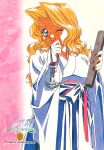  1990s_(style) 1girl black_nails blonde_hair blue_eyes character_name cindy_sakurai copyright_name cowboy_shot graduation_(series) japanese_clothes kimono long_hair long_sleeves looking_at_viewer marker_(medium) nailu non-web_source official_art one_eye_closed retro_artstyle scan smile solo sotsugyou_ii:_neo_generation standing takei_masaki traditional_media wide_sleeves 