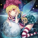  :o alternate_legwear american_flag_dress american_flag_legwear arm_rest arm_support asymmetrical_clothes bangs blonde_hair blue_nails blush clownpiece crescent_moon dress eyebrows_visible_through_hair fairy_wings fingernails full_moon hair_between_eyes hat head_tilt jester_cap kneeling leaning_forward long_hair looking_at_viewer minamura_haruki moon nail_polish neck_ruff no_shoes parted_lips polka_dot_hat red_eyes red_nails ripples short_dress solo star star_print striped striped_dress striped_legwear thighhighs touhou water wings zettai_ryouiki 