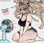  1girl artist_name bare_arms bite_mark bite_mark_on_arm black_choker black_shorts black_tank_top blonde_hair blush body_freckles breasts butterfly_earrings choker cleavage commentary crop_top dokidomiki dolphin_shorts earrings electric_fan english_commentary fangs fanning fanning_self fishnet_thighhighs fishnets floating_hair freckles gauze gauze_on_cheek gauze_on_face hair_between_eyes hair_ornament instagram_logo jewelry large_breasts long_hair miki_(dokidomiki) mole mole_under_eye necklace open_mouth original pink_eyes raised_inner_eyebrows sanpaku short_shorts shorts simple_background sitting socks solo star_(symbol) star_hair_ornament sweat syringe_necklace tank_top thigh_freckles thighhighs tiktok_logo twitter_strip_game twitter_username twitter_x_logo uneven_bangs very_sweaty wariza white_background white_socks 