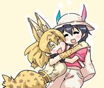  :d ^_^ animal_ears backpack bag black_gloves black_hair blonde_hair blush closed_eyes eyebrows_visible_through_hair gloves hand_on_another's_shoulder hat hat_feather helmet hug kaban_(kemono_friends) kemono_friends multiple_girls open_mouth pith_helmet print_gloves print_skirt red_shirt seki_(red_shine) serval_(kemono_friends) serval_ears serval_print shirt shoes short_hair skirt sleeveless smile 