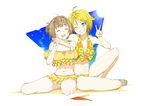  ;) ^_^ ahoge arm_around_neck bangs bare_shoulders bikini blonde_hair blue_eyes blue_sky blush bouen braid breasts brown_hair closed_eyes cloud cloudy_sky collarbone commentary_request day eyebrows_visible_through_hair facing_viewer flag flip-flops french_braid frilled_bikini frills grin hair_flaps hair_ornament hairclip hand_up highres knee_up light_rays looking_at_another multiple_girls navel nonohara_hime one_eye_closed one_side_up open_mouth sandals short_hair sitting sky small_breasts smile sunbeam sunlight swimsuit teeth thighs tokyo_7th_sisters tsunomori_rona v 