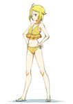  :o bikini blonde_hair blue_eyes blush bouen commentary_request flip-flops floral_print frilled_bikini frills full_body hair_between_eyes hands_on_hips highres legs_apart looking_at_viewer navel nonohara_hime orange_bikini parted_lips sandals short_hair sidelocks solo standing swimsuit tokyo_7th_sisters v-shaped_eyebrows 