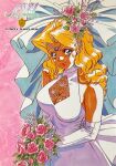  1990s_(style) 1girl blonde_hair blue_eyes bouquet breasts character_name cindy_sakurai cleavage copyright_name dark-skinned_female dark_skin dress elbow_gloves flower gloves hair_flower hair_ornament holding holding_bouquet long_hair looking_at_viewer marker_(medium) non-web_source official_art retro_artstyle scan smile solo sotsugyou_ii:_neo_generation takei_masaki traditional_media wedding_dress white_dress white_gloves 