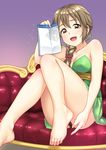  bare_shoulders barefoot black_panties blush braid breasts brown_eyes brown_hair cleavage commentary_request couch dress envelope feet hair_over_shoulder highres idolmaster idolmaster_cinderella_girls idolmaster_cinderella_girls_starlight_stage jakelian jewelry long_hair looking_at_viewer medium_breasts necklace open_mouth panties senkawa_chihiro single_braid sitting smile solo strapless strapless_dress underwear 