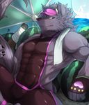  abs anthro bathym biceps canine clothing demon food fruit fur grey_fur kemono looking_at_viewer male mammal melon muscular muscular_male pecs purple_fur tach8 tight_clothing tokyo_afterschool_summoners visor_cap watermelon wetsuit wolf 