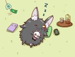  1girl :3 =_= absurdres animal_ear_fluff animal_ears black_fur body_fur book cellphone character_doll chibi chibi_only closed_mouth commentary deformed doll facing_viewer from_above highres holding holding_stuffed_toy hololive iced_tea large_ears lying multicolored_hair on_floor on_side ookami_mio ookami_mio_(wolf) phone pillow shirakami_fubuki shirakami_fubuki_(1st_costume) sleeping smartphone solo streaked_hair stuffed_toy tail tea translated tsuyoshi_(normal811) virtual_youtuber wind_chime wolf_ears wolf_girl zzz 