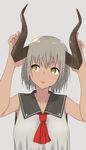  absurdres arms_up bangs blouse blush bouen collarbone commentary_request dark_skin demon_horns grey_background grey_blouse grey_hair highres horns looking_to_the_side neckerchief open_mouth original red_neckwear sailor_collar short_hair sidelocks simple_background sleeveless_blouse solo yellow_eyes 