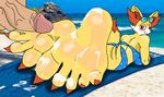  2017 5_toes anthro barefoot beach bikini blush breasts canine claws clothed clothing cum cum_on_feet digital_media_(artwork) duo erection feet female fennekin foot_fetish foot_focus foot_tease fox fur hi_res human humanoid_feet humanoid_penis male male/female mammal masturbation nintendo orgasm penis plantigrade pok&eacute;mon raidendeoxysx_(artist) red_eyes seaside simple_background sky smile soles sweat sweaty_feet swimsuit thick_tail toe_claws toes video_games white_fur yellow_fur 