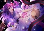  1girl :d black_ribbon dress eyebrows_visible_through_hair fate/stay_night fate_(series) floating_hair grey_dress hair_ribbon long_hair matou_sakura open_mouth outstretched_arms pink_ribbon purple_eyes purple_hair rei_no_himo ribbon sheep shika_(isk_mjkss) short_sleeves skirt_hold smile solo sundress 